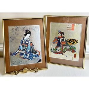 VTG Pair 2 Foil Print Asian Gold Tone Framed Art Geisha Boho 80s Decor 11x14"